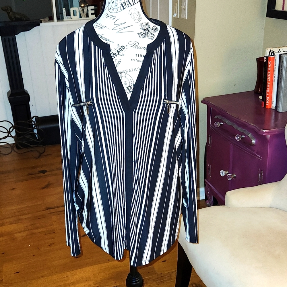 3/$20 INC Black and White Striped Blouse Size XL
